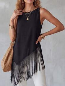 EMERY ROSE Fringe Asymmetrical Hem Tank,Sleeveless Tops - Black - View 4