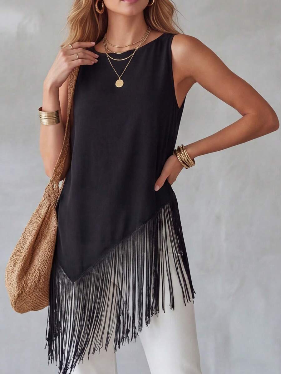 Fringe Asymmetrical Hem Tank,Sleeveless Tops - Black - View 1
