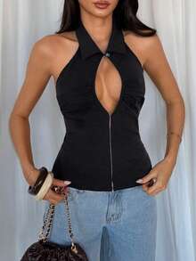 TRNVIE Áo sơ mi nữ mùa hè thanh lịch màu đen cổ giọt nước khoét lỗ gợi cảm cài nút kiểu đuôi cá không tay eo chun hở lưng - màu đen - Xem 4