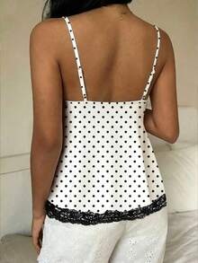 CovetEZ Women's Casual Chest Ruched Babydoll Lace Patchwork, Women's Autumn/Winter Leisure Camisole, Spring/Summer Top, Black & White Polka Dot Contrast Lace Camisole, Christmas Top, Polka Dot Top, Sweet Polka Dot Top, Black & White Polka Dot Lace Patchwork Camisole Spring - Multicolor - View 2