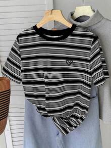 Teen Girls' Casual Versatile Sweet Pink Striped + Heart Embroidery Graphic Round Neck Regular T-Shirt - Black - View 7