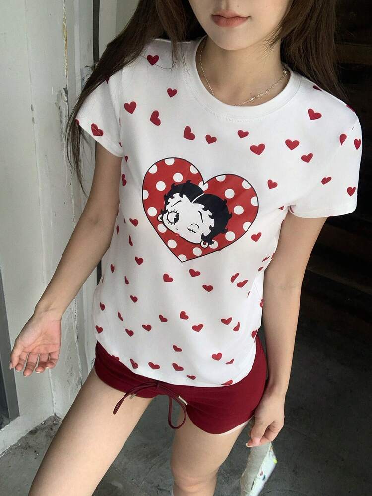 Women's Round Neck Short Sleeve Cute Heart Print T-Shirt, Summer