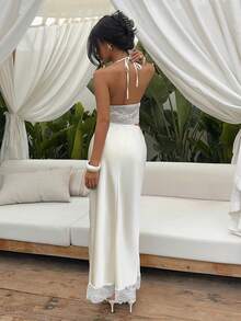 Sunnyshic Women's Yellow Lace Satin 2-Piece Set, Romantic Sexy Outfit For Party, Date, Summer Beach Vacation, Spring/Summer - Light Yellow - View 2