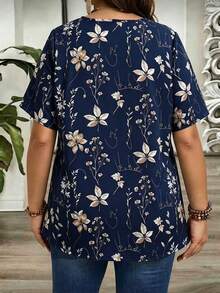 SHEIN LUNE Blusa de manga corta con estampado de plantas y encaje de contraste para vacaciones de mujer - Azul Marino - Ver 2
