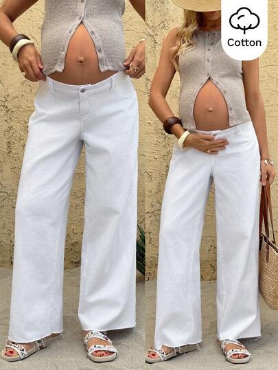 SHEIN Denim de Cintura Baixa Sólidos Versáteis e Casuais para Gestantes, Ideal para Carnaval, Passeio, Formatura, Estilo Y2K Fofo, Festa, Casamento, Negócios Casuais, Praia, Formatura, Mulheres Clássicas Brancas de Perna Larga, Denim Brancos Soltos para Verão