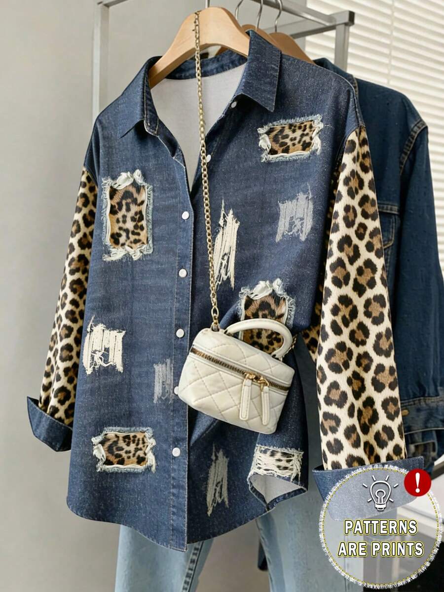 SHEIN Women's Leopard Print Patchwork Retro Print Shirt - Multicolor - View 1
