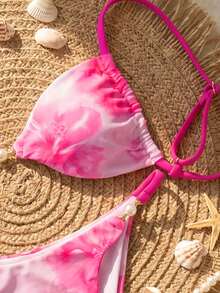 Bộ bikini mùa hè dành cho nữ, họa tiết hoa, kẻ caro xanh dương, phối màu tương phản ở ngực và eo, điểm nhấn là ngọc trai. - Nhiều màu - Xem 3