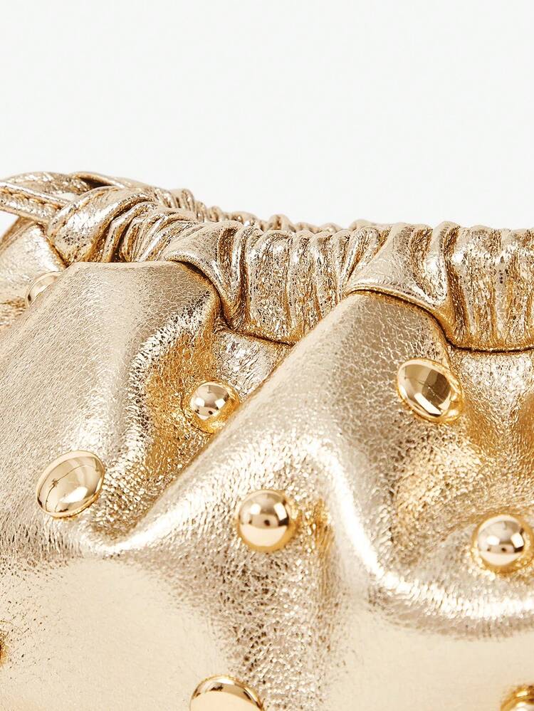 SHEIN Maija Ladies, Women Clutches, Drawstring Clutch, Faux Leather, Gold With Gold Rivets, Fashionable, Elegant, Simple, Personalized, Versatile, Classic, For Commute, Office, Date, Daily, Shopping, Afternoon Tea