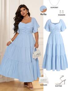 Đầm midi xếp ly màu trơn dành cho nữ cỡ lớn, thích hợp cho các buổi hẹn hò và kỳ nghỉ. - Màu xanh lam - Xem 1