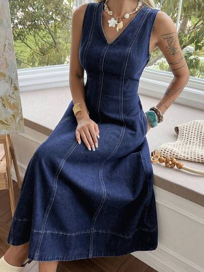 DAZY Vestido vaquero de manga larga con cuello en V y ajuste ceñido para mujer, primavera y verano