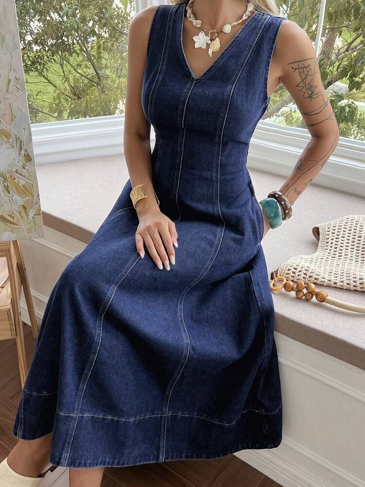 Women's Slim Fit V-Neck Long Denim Dress, Spring & Summer