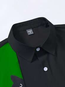 Manfinity Homme Men's Cat Pattern Contrast Color Short Sleeve Single-Breasted Shirt - Green - View 3