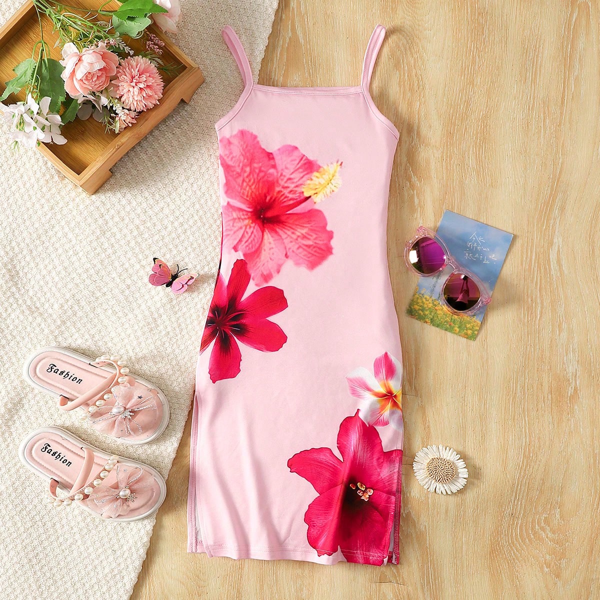 Vestido de tirantes finos con estampado floral, cómodo y ajustado, para niña en vacaciones de verano en la playa, suave y cómodo, estilo bohemio, p