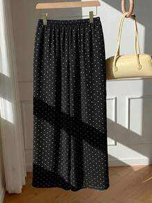 SHEIN EZwear 女士100%纯棉休闲度假风波点印花抽绳腰宽松阔腿裤 - 黑色 - 查看 2