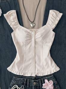 Blusa casual con pliegues en el pecho y volantes a rayas para niñas preadolescentes - Caqui - Ver 1