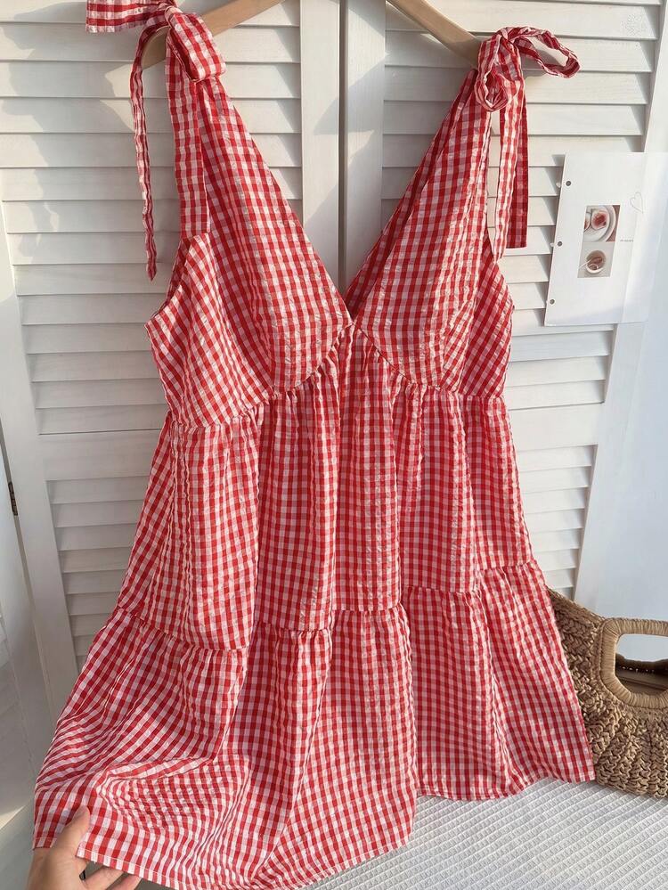 SHEIN EZwear 女士休闲度假V领红白格子系腰带加大码连衣裙 - 紅白色 - 查看 5