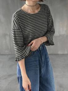 FRIFUL Women's Casual Striped Loose T-Shirt, Versatile For Spring And Summer - Grey - View 4