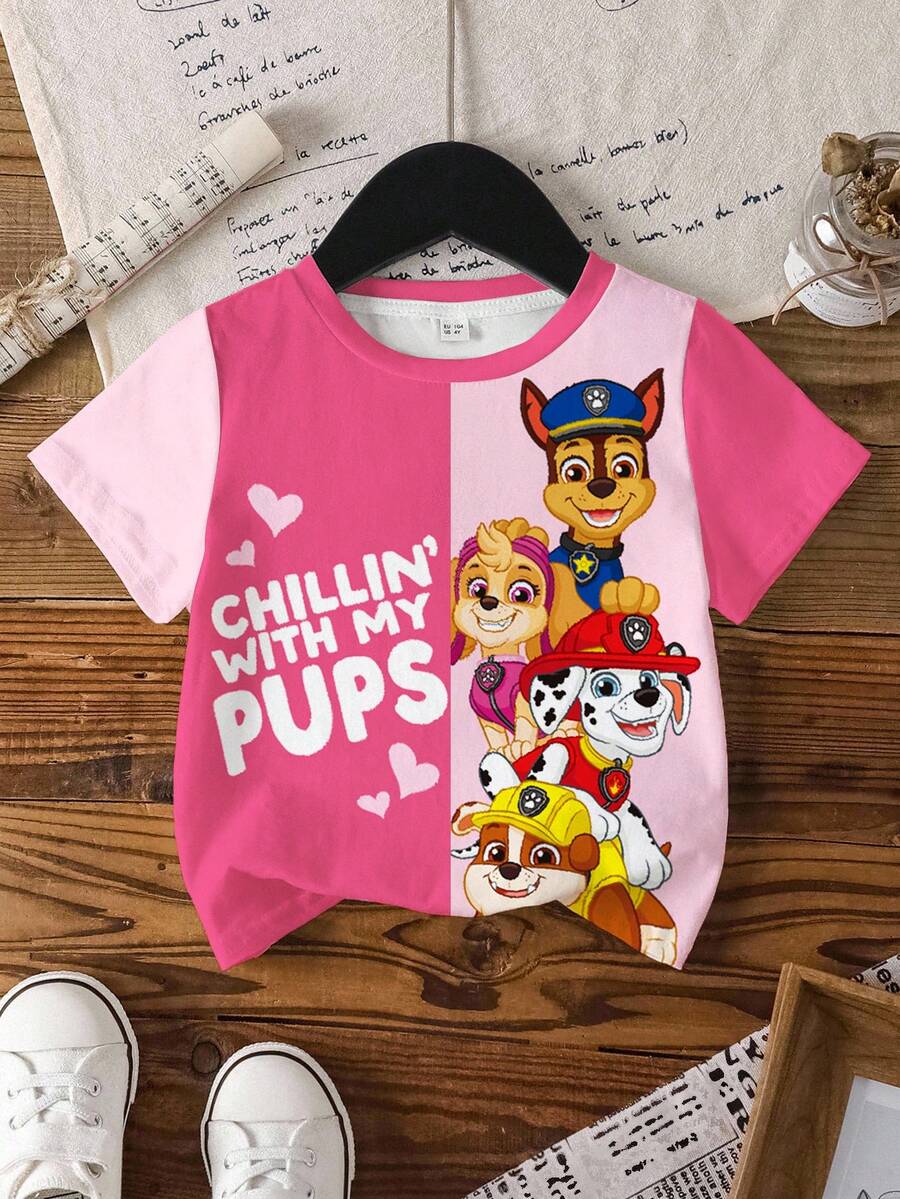 SHEIN | PAW Patrol 可爱时尚圆领短袖T恤,适合年轻女孩 - 白色 - 查看 1