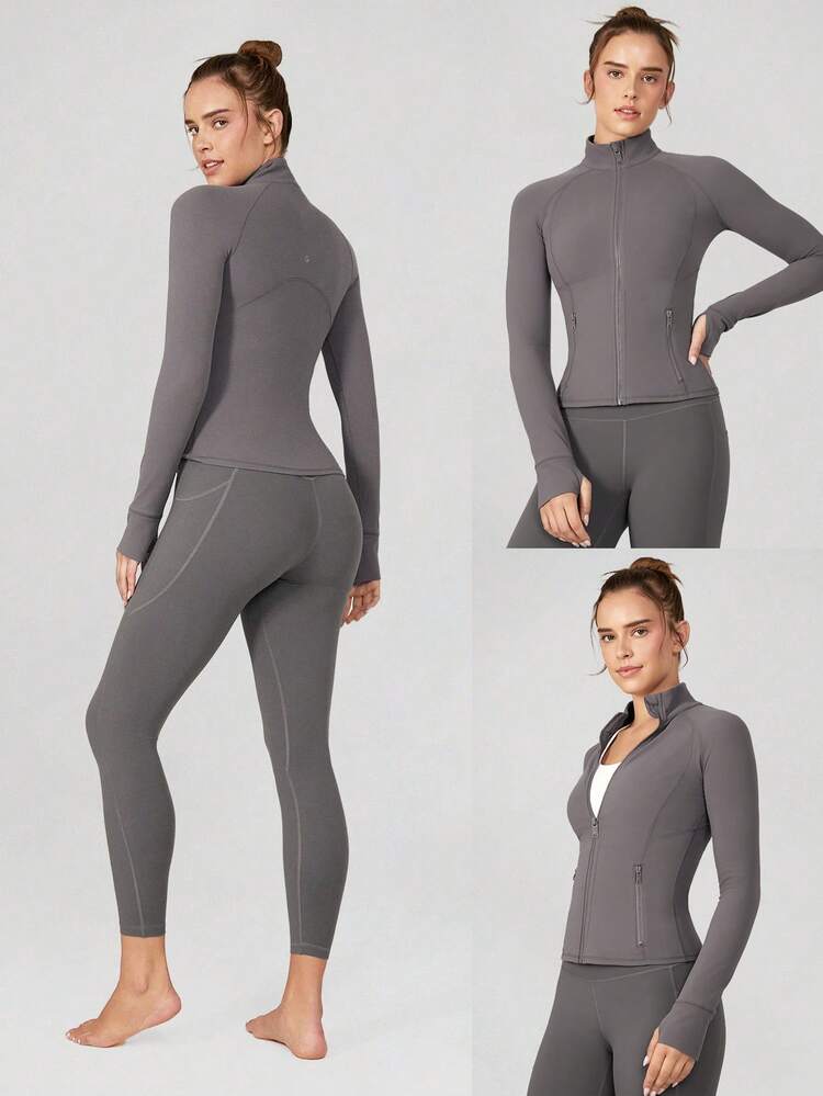FeatherFit™ Slim-It Streamline Performance Secure Pockets Zip Up Long Sleeve Jacket Low Impact Yoga Pilates Daily Spring Summer