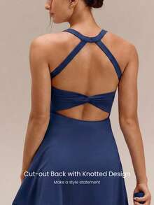 GLOWMODE FeatherFit™-Air Game Set A-Line Built-In Peekaboo Short Knotted Pocket Halter Dress Low Impact Daily Summer Quick Dry Moisture Wicking - Dark Blue - View 4