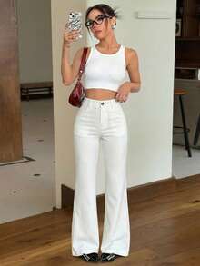 SHEIN EZwear 白色针织修身喇叭裤，女士款，适合通勤。 - 白色 - 查看 3