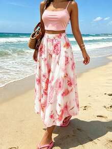 SHEIN Franclia 碎花高腰A字裙，白色底，粉色扎染花朵，轻盈飘逸，浪漫优雅，适合春夏外出或约会。 - 彩色 - 查看 3