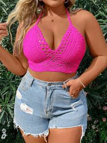 SHEIN MOOSTA Plus Size Women Handmade Crochet Neck Tie Beach Cover Up Knitted Cover Up For Summer Beach Vacation - Hot Pink - View 5