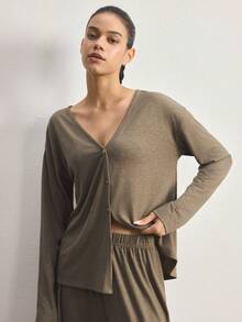 Ocili Minimalist Comfortable Collarless Soft Pajama Set For Women - Mocha Brown - View 6