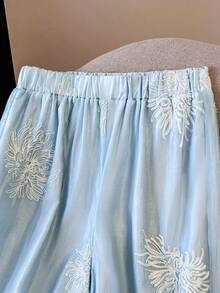 Pantalones anchos de cintura elástica con estampado floral, de uso versátil y casual para uso diario - Azul - Ver 2