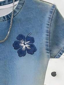 Teen Girl Casual Denim Effect Print Short Sleeve T-Shirt, Flower Print, Summer - Multicolor - View 4