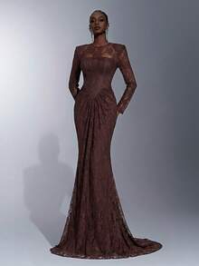 Elitara Elegant 3D Lace Round Neck Wide Shoulder Padded Sheer Long Sleeve Waist Ruched Fishtail Hem Backless Dress For Formal Weddings - Coffee Brown - View 1