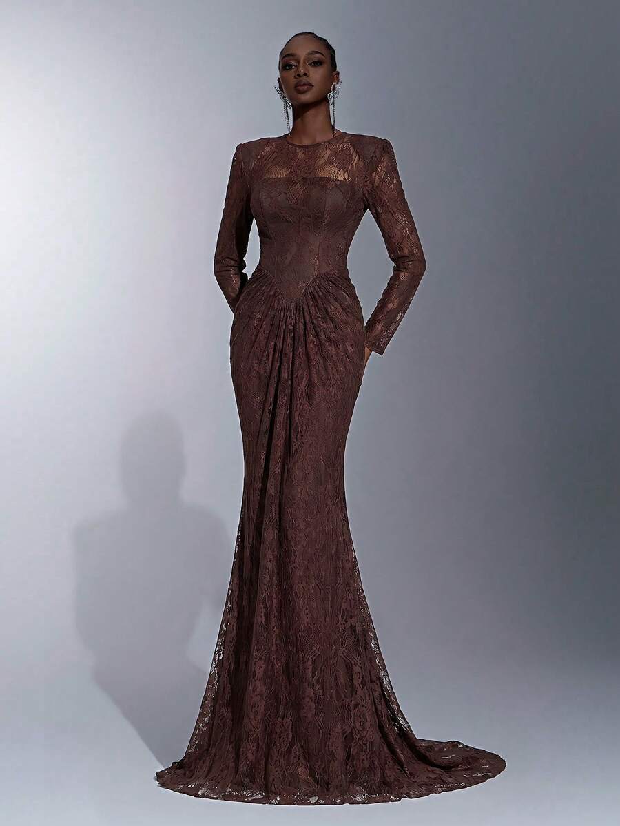 Elitara Elegant 3D Lace Round Neck Wide Shoulder Padded Sheer Long Sleeve Waist Ruched Fishtail Hem Backless Dress For Formal Weddings - Coffee Brown - View 1
