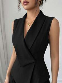 Elenzga Chaqueta de blazer negro elegante de oficina con diseño de solapa + Pantalones anchos de pierna plisada negros elegantes de oficina, primavera/verano - Negro - Ver 8