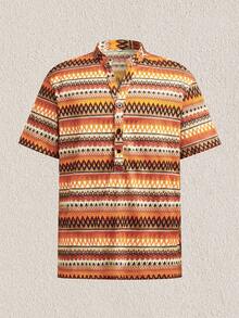 Mercer Haus Men's Multi-Color Wavy Knit Elastic Half-Open Collar Contrast Button Drawstring, Casual, Commuting, Street, Summer Beach 2-Piece Outfit - Orange - View 11