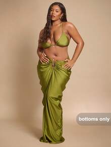 SHEIN BAE Falda de mujer talla grande verde oliva con decoración metálica, elegante para vacaciones de verano, fiesta en la playa, graduación, cumpleaños Y2K de curvas, tela de punto - Verde - Ver 4