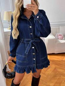 Đầm midi denim dáng rộng dành cho nữ cỡ lớn, màu xanh dương, thích hợp cho mùa thu/đông. - Rửa tối - Xem 7