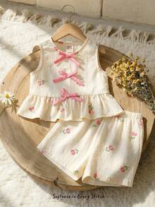 Cozy Pixies Baby Girl Floral Print Contrast Color Bow Decor Sleeveless Top And Elastic Waist Shorts 2Pcs Set - Pink - View 1