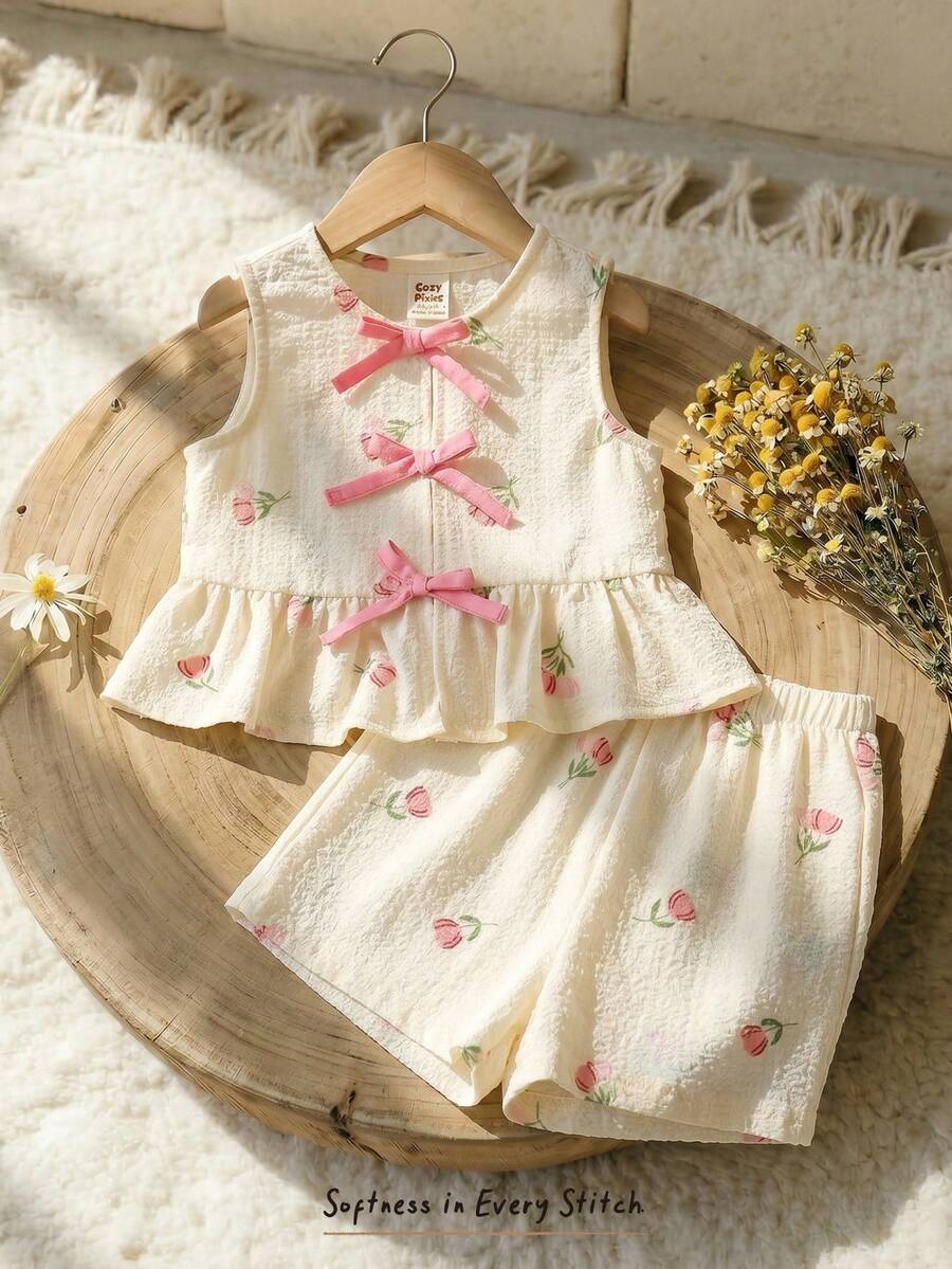 Cozy Pixies Baby Girl Floral Print Contrast Color Bow Decor Sleeveless Top And Elastic Waist Shorts 2Pcs Set - Pink - View 1
