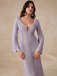 Anewsta Vestido de playa de unicolor, sexy, con mangas acampanadas y ondas huecas - Lila Púrpura - Ver 4