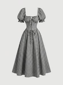 Skyraze Vestido con mangas de pétalo, cinturón de lazo y estampado de cuadros rojos y blancos - Negro - Ver 3