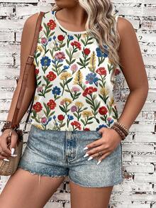 SHEIN VCAY Áo hai dây và áo tank top cỡ lớn, kiểu dáng thường ngày, in họa tiết hoa, thích hợp cho mùa hè. - Nhiều màu - Xem 5