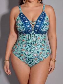 Shapewave Plus Size Women Floral Print Tie-Up One-Piece Swimsuit - Multicolor - View 5