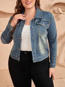 Plus Size Women's Casual Daily Commute Versatile Flap Pocket Denim Jacket, Spring/Autumn - Blue - View 1