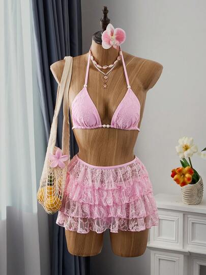 Bellisia Bộ đồ bơi 3 mảnh mùa hè dành cho nữ, gồm áo ngực tam giác ren đính ngọc trai và quần lót xếp ly, kiểu dáng váy xếp ly.