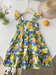 LMoss Kids 少女夏季时尚度假柠檬印花荷叶边短袖连衣裙 - 彩色 - 查看 7