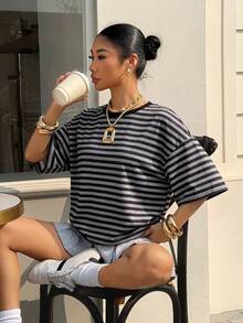 Muchica 女款黑色條紋針織休閒T恤，Pinterest風時尚女裝商務休閒上衣，夏季日常穿搭上衣 - 黑色 - 查看 6