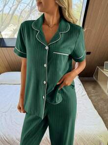 Napfluff Contrast Trim Lapel Cardigan Women Pajama Set - Green - View 5
