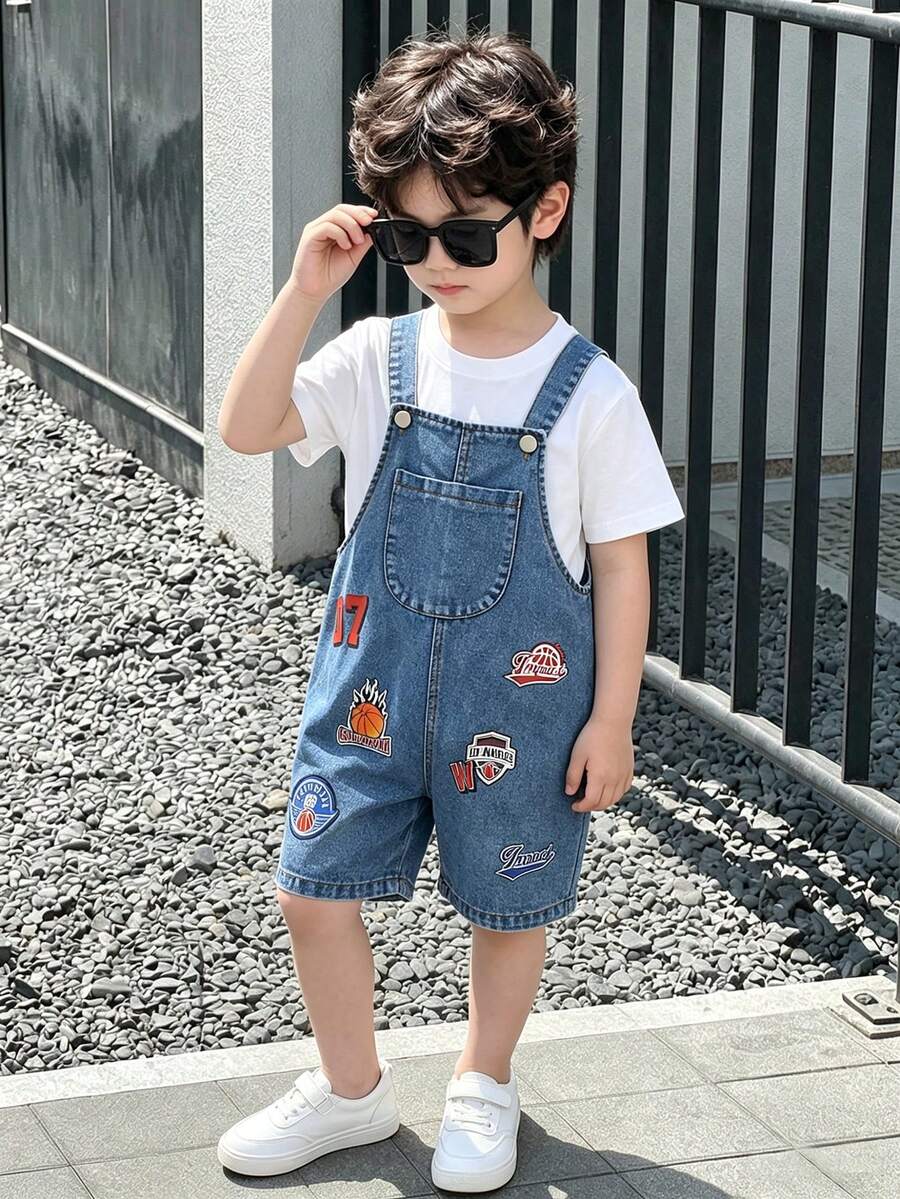 1pc Young Boy Retro American Style Denim Bib Shorts With Large Pockets Graphic Prints Summer Back-To-School Daily Wear Music Festivals Baby Blue - Blue - View 1