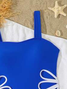 SHEIN Nouveau maillot de bain une pièce bleu marine unicolore avec côtés ajourés, convient aux adolescentes, à la plage, aux vacances d'été, aux fêtes de natation - bleu indigo - Voir 3