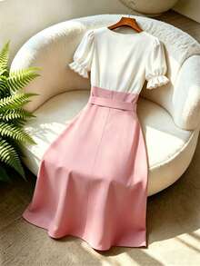 GlowEve CURVE Plus Size Women's Square Neck Ruffle Trim Puff Sleeve Cinched Waist Colorblock Chiffon Splice Blush Pink Summer Elegant Formal Tea Party A-Line Long Dress - Pink - View 2